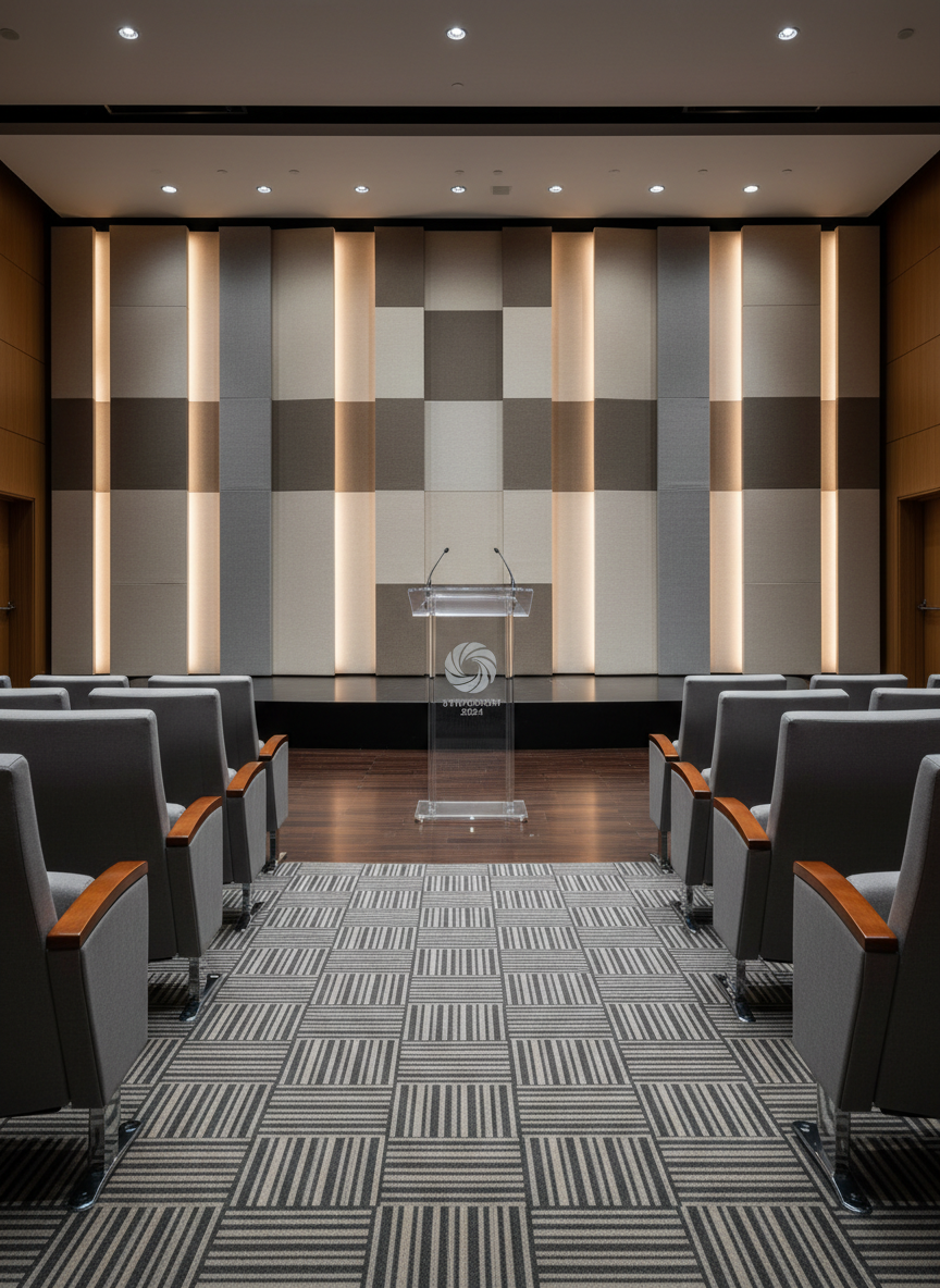 A sleek, modern conference stage adorned with a polished acrylic podium featuring the engraved symposium logo, set against a structured backdrop of softly illuminated neutral-toned panels. The stage is situated within a spacious, meticulously organized auditorium with clean architectural lines, geometric carpeting, and subtle chrome accents. Overhead, diffused ceiling lights cast an even, gentle wash across the stage, emphasizing clarity and professionalism while creating precise shadows along the floor. Photographed from a centered, eye-level perspective with sharp focus throughout, the mood is confidently professional and inviting, exuding a clean, photographic realism that fits a high-caliber event environment.
